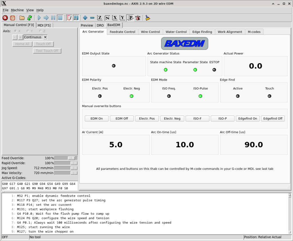 BaxEDM tabs inside LinuxCNC